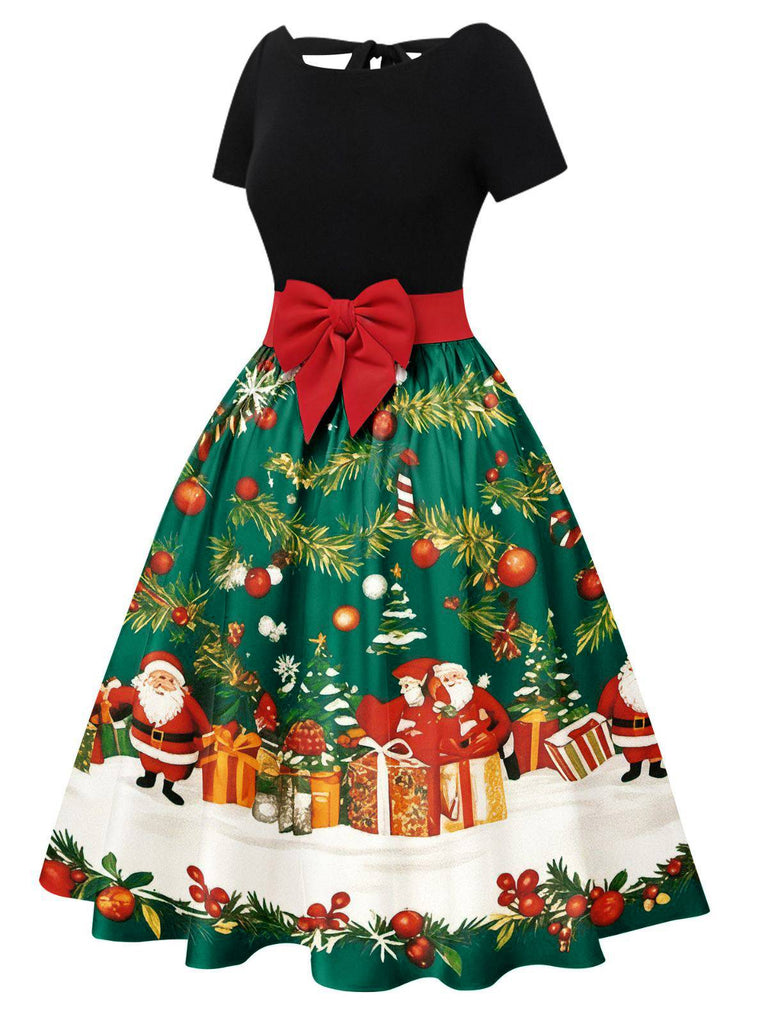 Grün 1950er Weihnachtsbaum Patchwork Bogen Gürtel Swing Kleid