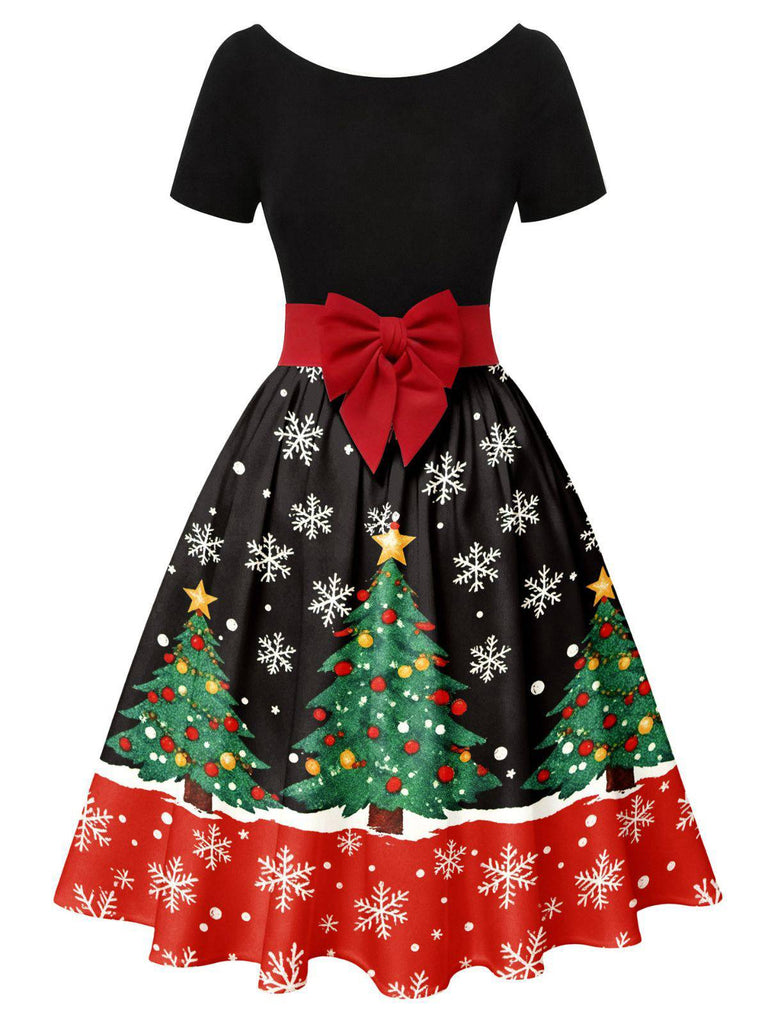 Grün 1950er Weihnachtsbaum Patchwork Bogen Gürtel Swing Kleid
