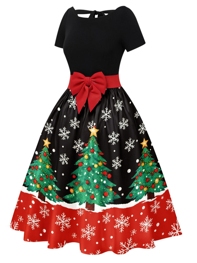 Grün 1950er Weihnachtsbaum Patchwork Bogen Gürtel Swing Kleid