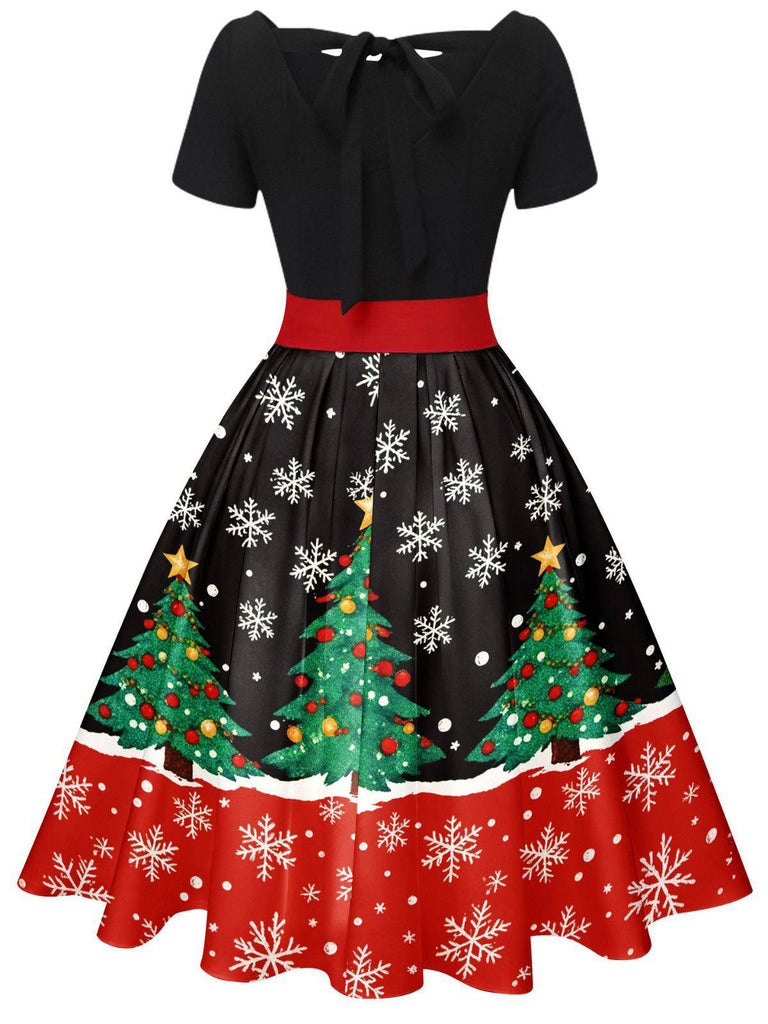 Grün 1950er Weihnachtsbaum Patchwork Bogen Gürtel Swing Kleid
