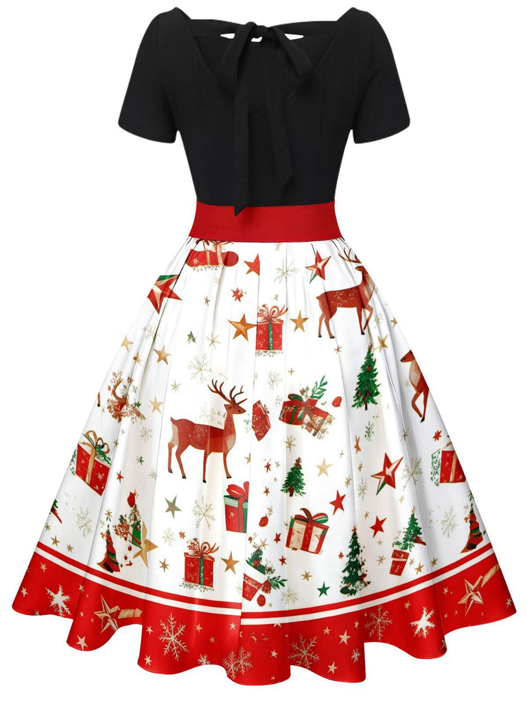 Grün 1950er Weihnachtsbaum Patchwork Bogen Gürtel Swing Kleid