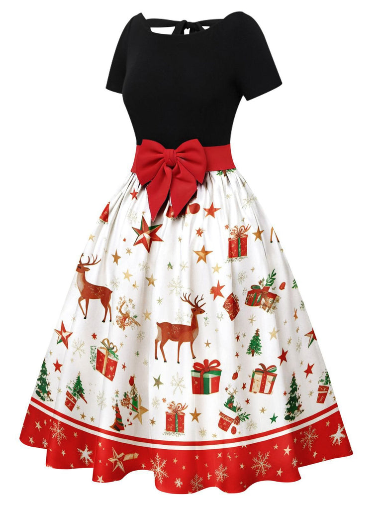 Grün 1950er Weihnachtsbaum Patchwork Bogen Gürtel Swing Kleid