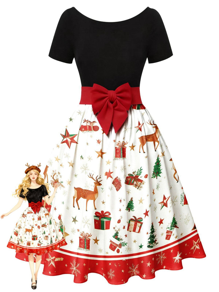 Grün 1950er Weihnachtsbaum Patchwork Bogen Gürtel Swing Kleid