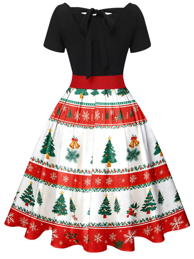 Grün 1950er Weihnachtsbaum Patchwork Bogen Gürtel Swing Kleid