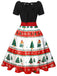 Grün 1950er Weihnachtsbaum Patchwork Bogen Gürtel Swing Kleid
