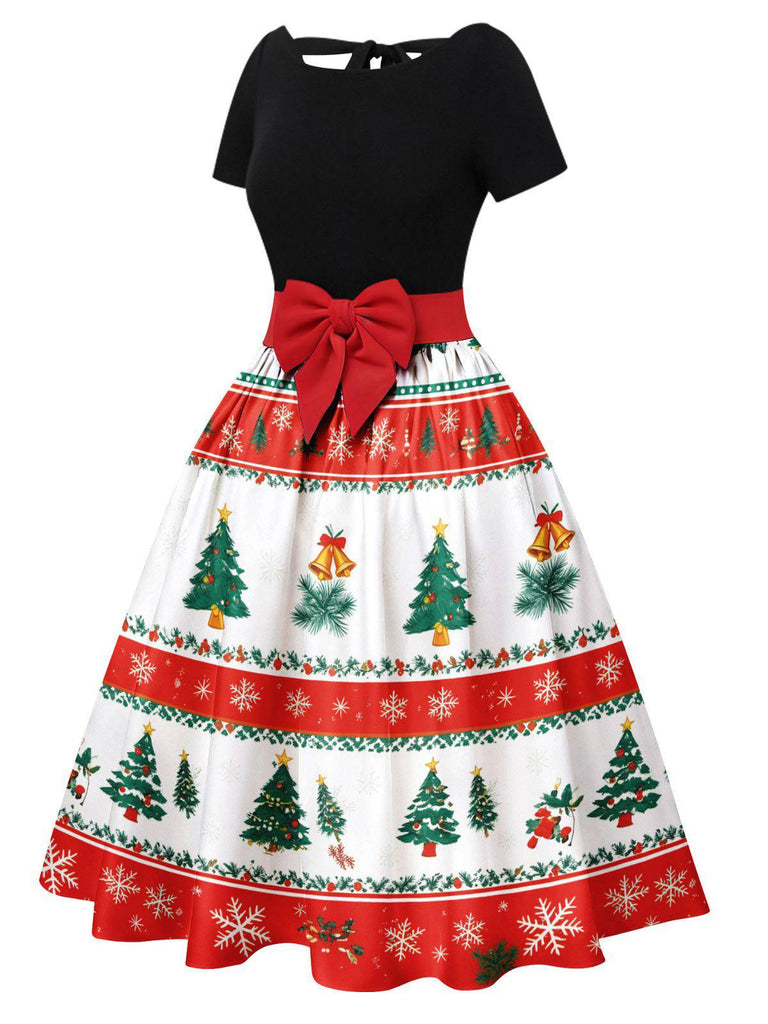 Grün 1950er Weihnachtsbaum Patchwork Bogen Gürtel Swing Kleid