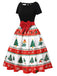 Grün 1950er Weihnachtsbaum Patchwork Bogen Gürtel Swing Kleid