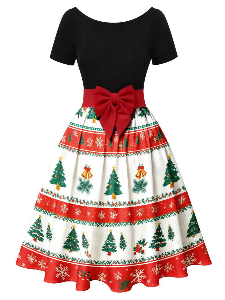 Grün 1950er Weihnachtsbaum Patchwork Bogen Gürtel Swing Kleid