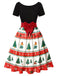 Grün 1950er Weihnachtsbaum Patchwork Bogen Gürtel Swing Kleid