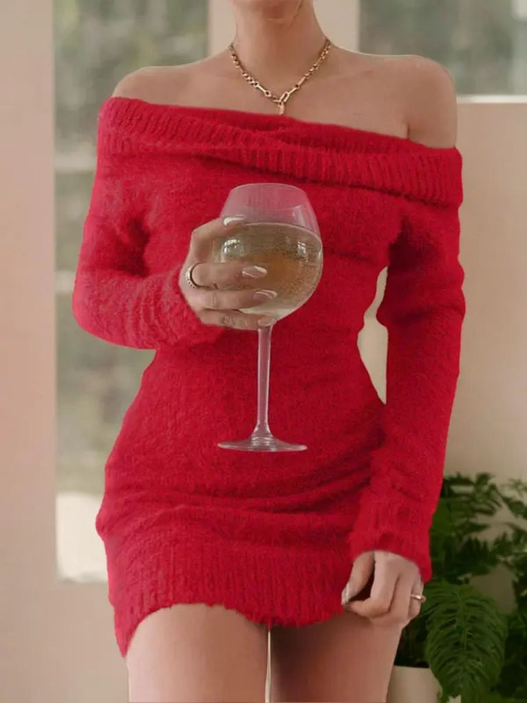 1980er Schulterfrei Mohair Lang Ärmel Kleid