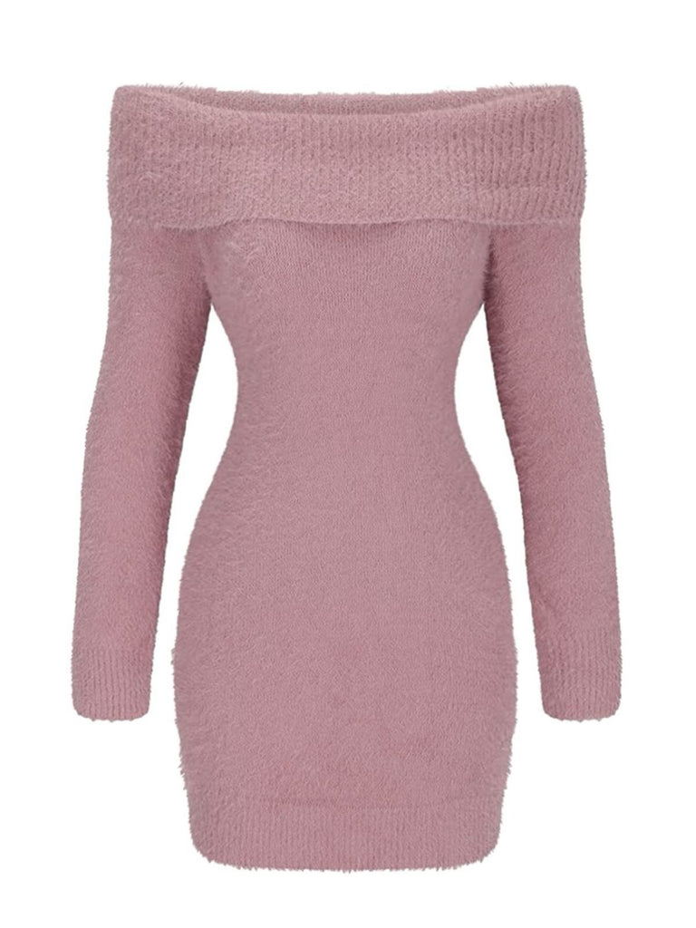 1980er Schulterfrei Mohair Lang Ärmel Kleid