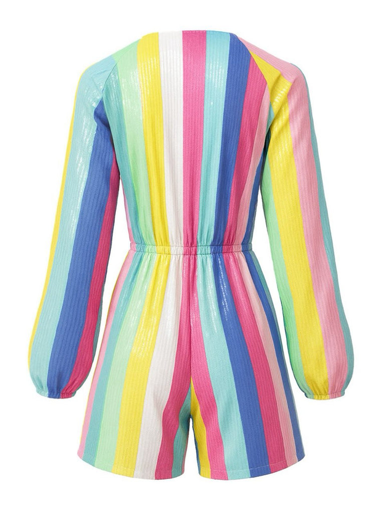 Bunt 1980er Streifen Pailletten V-Ausschnitt Romper