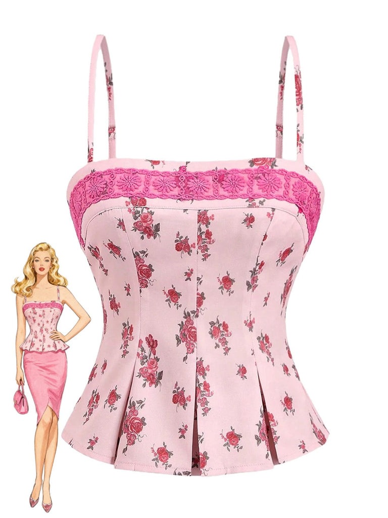 Rosa 1960er Blumen Spitze Patchwork Plissiertes Unterhemd