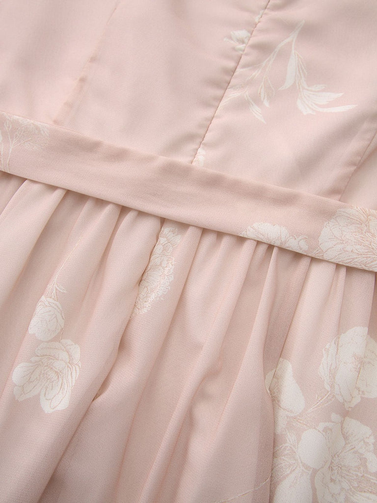 Rosa 1940er V-Ausschnitt Blumen Gürtel Ärmelloses Kleid