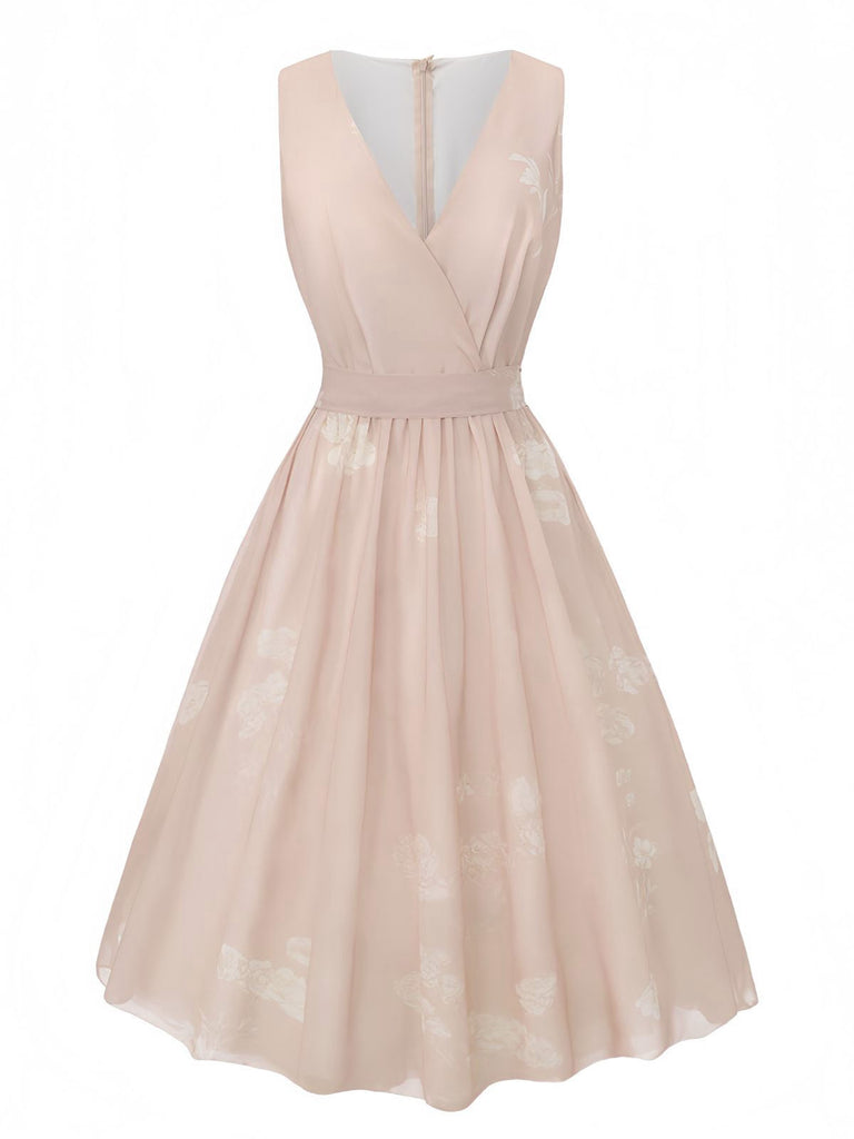 Rosa 1940er V-Ausschnitt Blumen Gürtel Ärmelloses Kleid