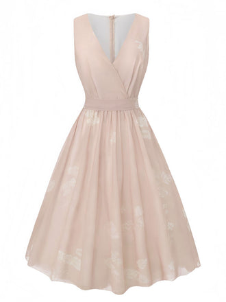 Rosa 1940er V-Ausschnitt Blumen Gürtel Ärmelloses Kleid