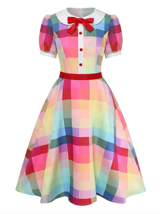 [Vorverkauf] 1950er Regenbogen Kariert Schleife Peter Pan Kragen Kleid