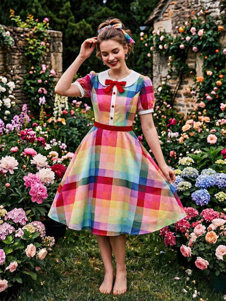 [Vorverkauf] 1950er Regenbogen Kariert Schleife Peter Pan Kragen Kleid