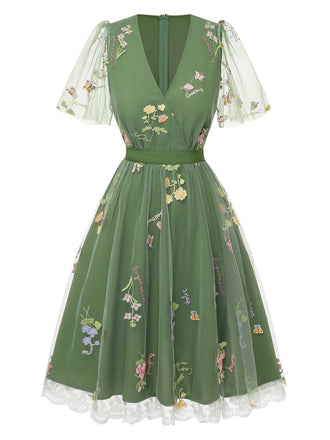 Grün 1950er Blumen Puffärmel Netz Bestickt Kleid