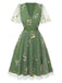 Grün 1950er Blumen Puffärmel Netz Bestickt Kleid