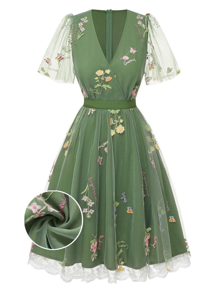 Grün 1950er Blumen Puffärmel Netz Bestickt Kleid