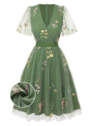 Grün 1950er Blumen Puffärmel Netz Bestickt Kleid