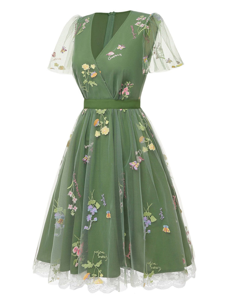 Grün 1950er Blumen Puffärmel Netz Bestickt Kleid