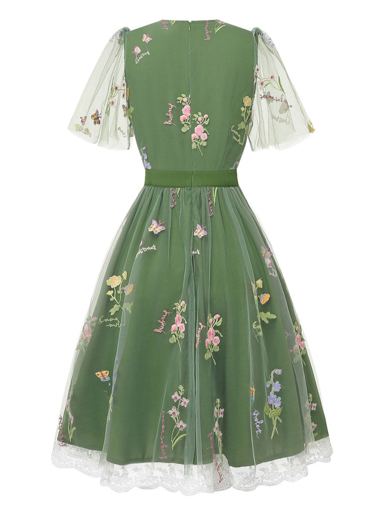 Grün 1950er Blumen Puffärmel Netz Bestickt Kleid