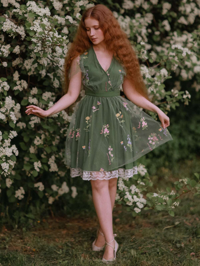 Grün 1950er Blumen Puffärmel Netz Bestickt Kleid