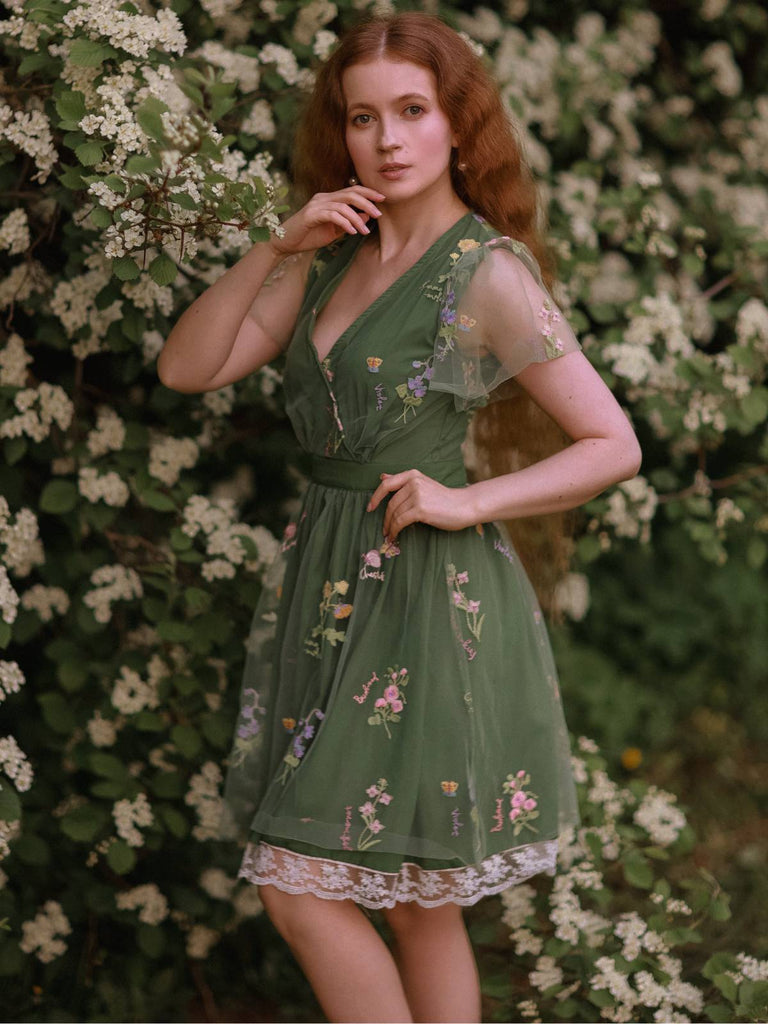 Grün 1950er Blumen Puffärmel Netz Bestickt Kleid