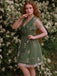 Grün 1950er Blumen Puffärmel Netz Bestickt Kleid