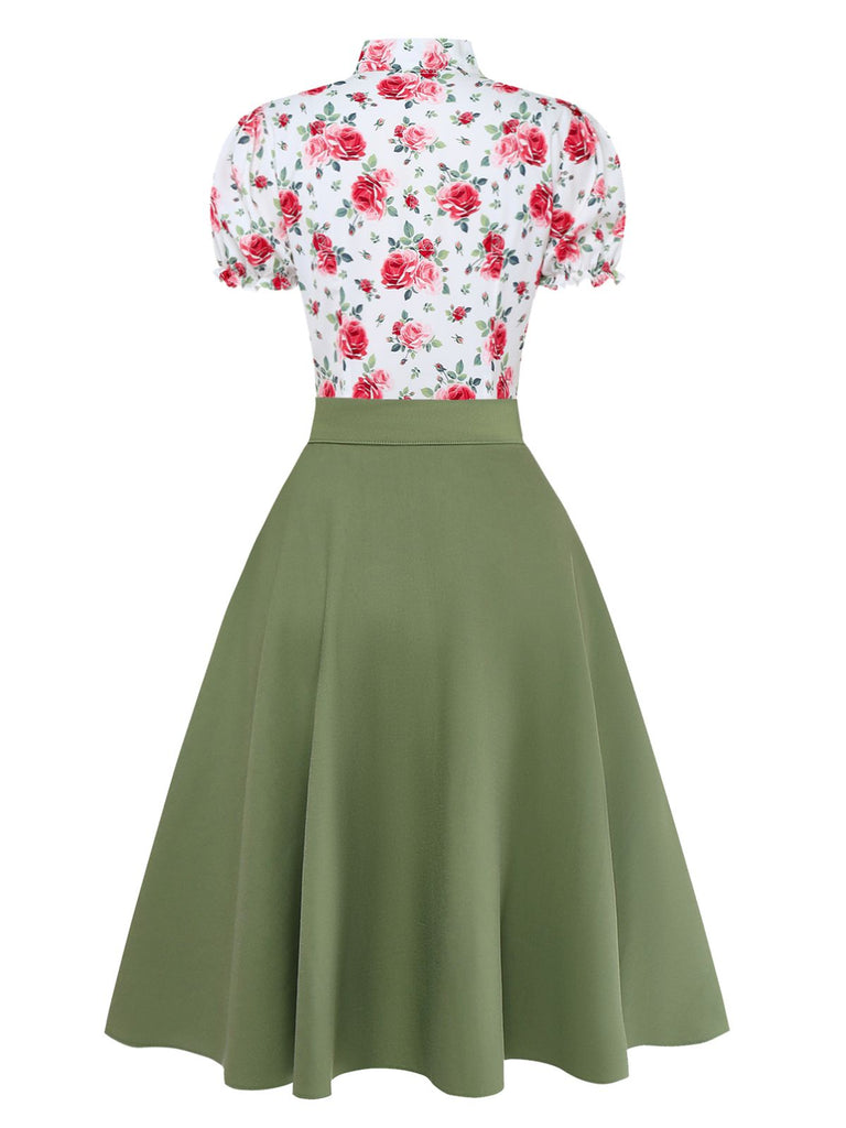 [Vorverkauf] 2PCS Grün 1950er Blumen Schleife Bluse & Swing Rock