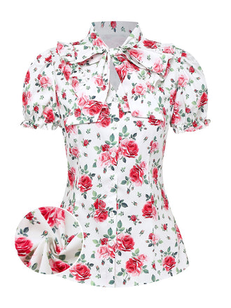 [Vorverkauf] Weiß 1950er Blumen Schleife Puffärmel Bluse