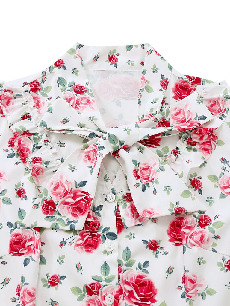 [Vorverkauf] 2PCS Grün 1950er Blumen Schleife Bluse & Swing Rock