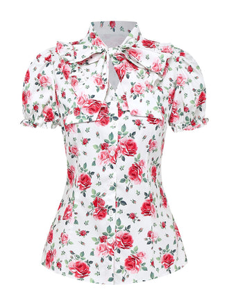 [Vorverkauf] Weiß 1950er Blumen Schleife Puffärmel Bluse
