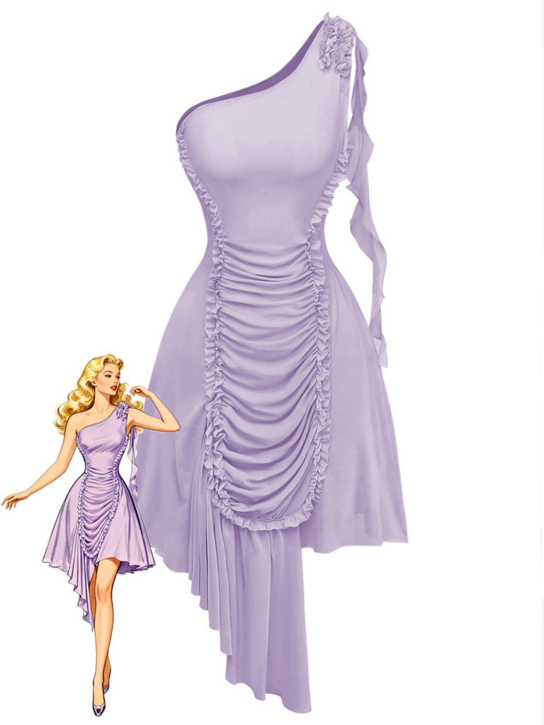 Lila 1970er Netz Eine Schulter Rüschen Asymmetrisch Kleid