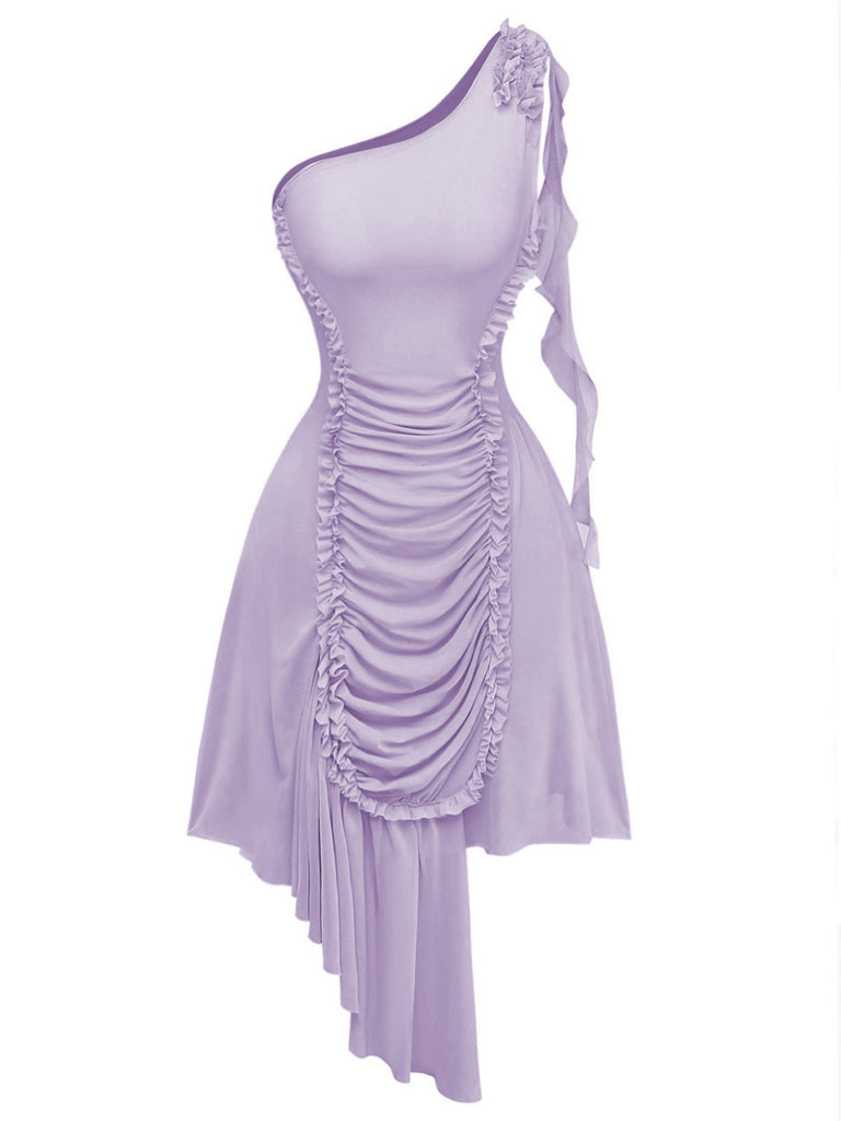 Lila 1970er Netz Eine Schulter Rüschen Asymmetrisch Kleid