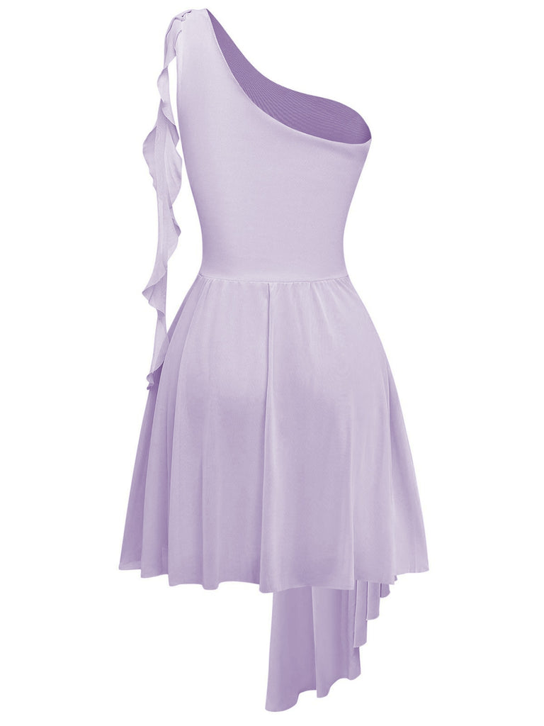 Lila 1970er Netz Eine Schulter Rüschen Asymmetrisch Kleid