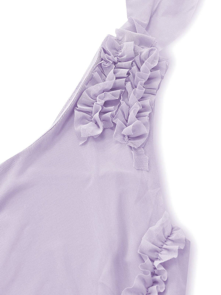 Lila 1970er Netz Eine Schulter Rüschen Asymmetrisch Kleid