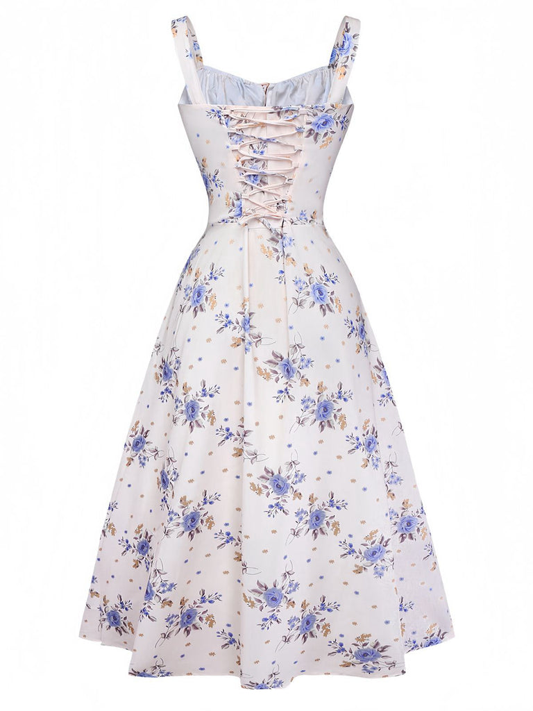 Beige 1950er Blumen Schnürung Seitenschlitz Kleid