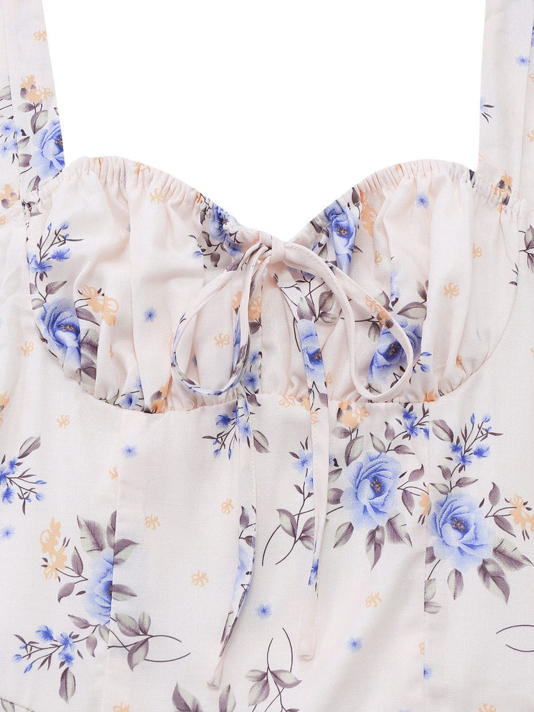 Beige 1950er Blumen Schnürung Seitenschlitz Kleid