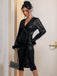 Schwarz 1960er Kunst Leder Gürtel Feder Ärmel Kleid