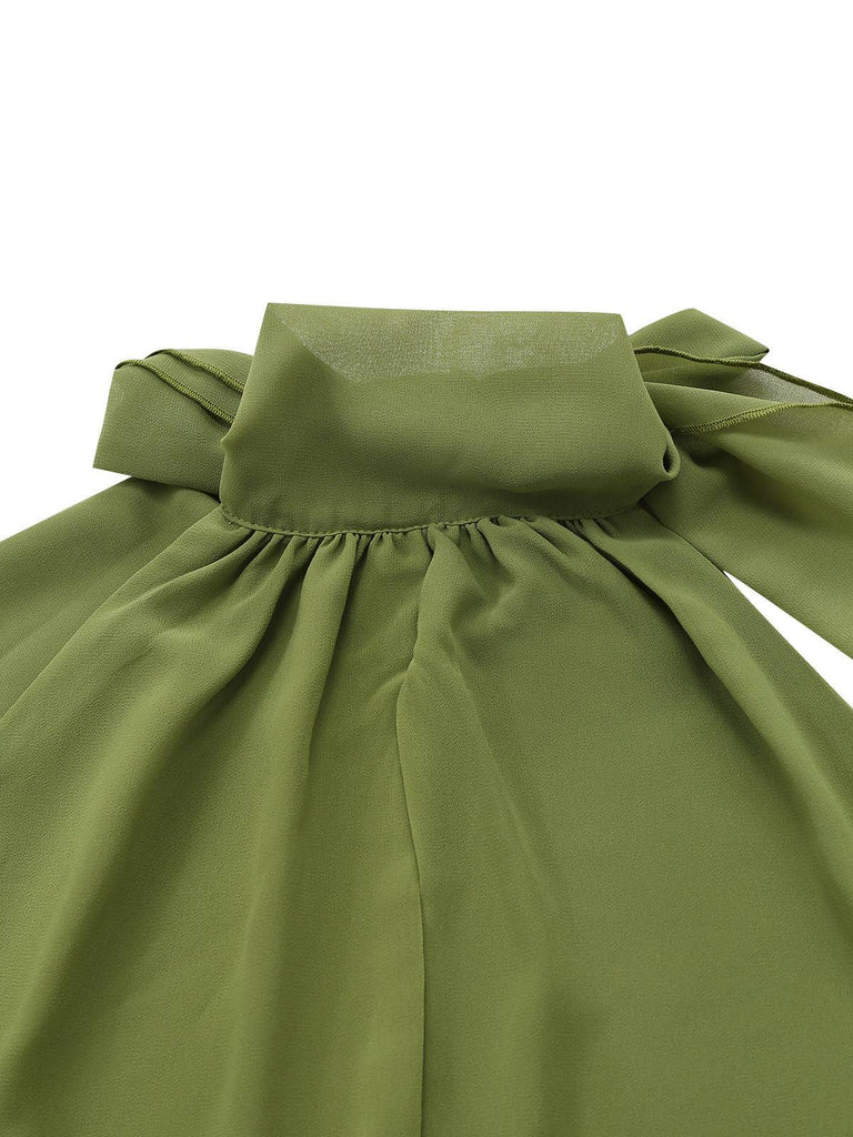 Grün 1930er Halter Netz Rückenfrei Chiffon Midi Kleid