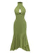 Grün 1930er Halter Netz Rückenfrei Chiffon Midi Kleid