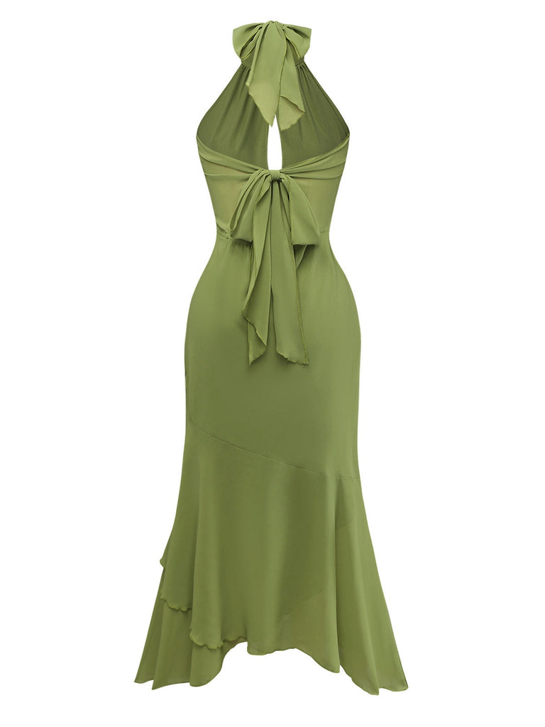 Grün 1930er Halter Netz Rückenfrei Chiffon Midi Kleid