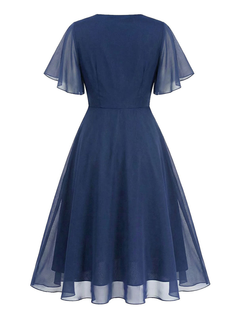 [Vorverkauf] [Übergröße] Marineblau 1940s Brosche Chiffon Wickel Kleid