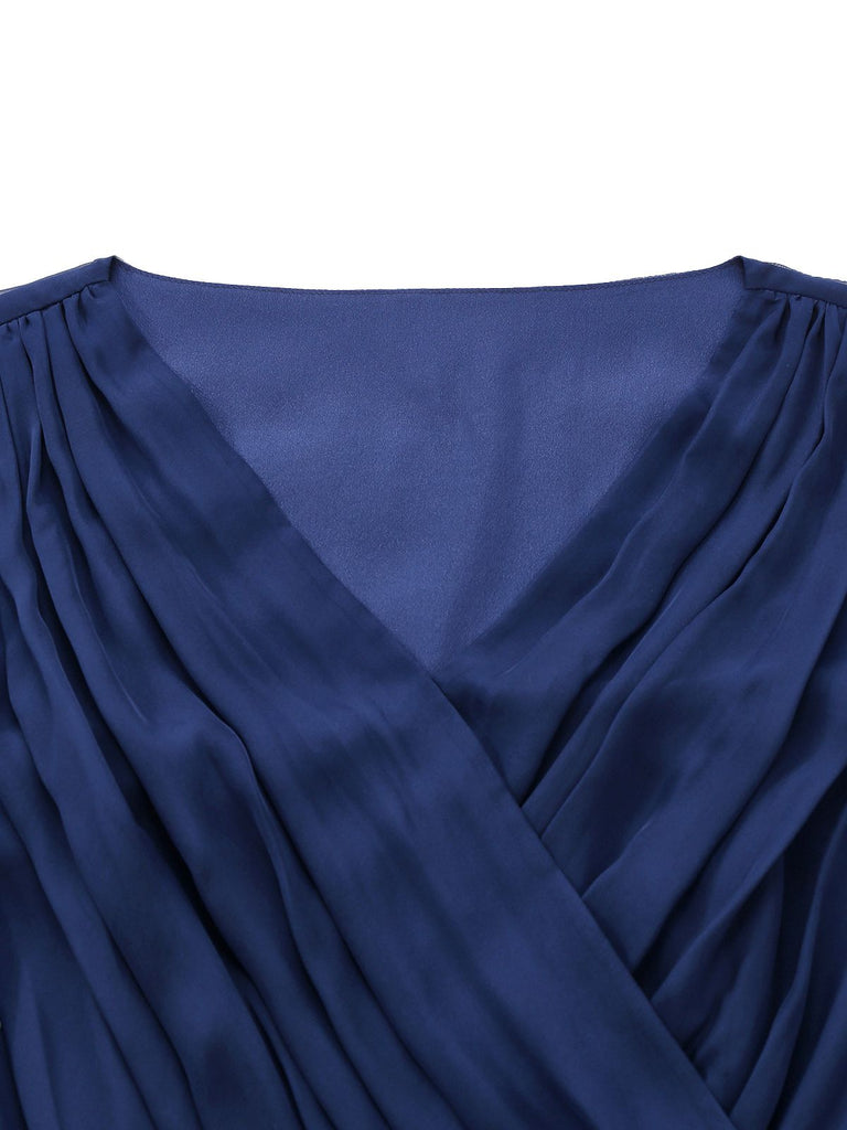 [Vorverkauf] [Übergröße] Marineblau 1940s Brosche Chiffon Wickel Kleid