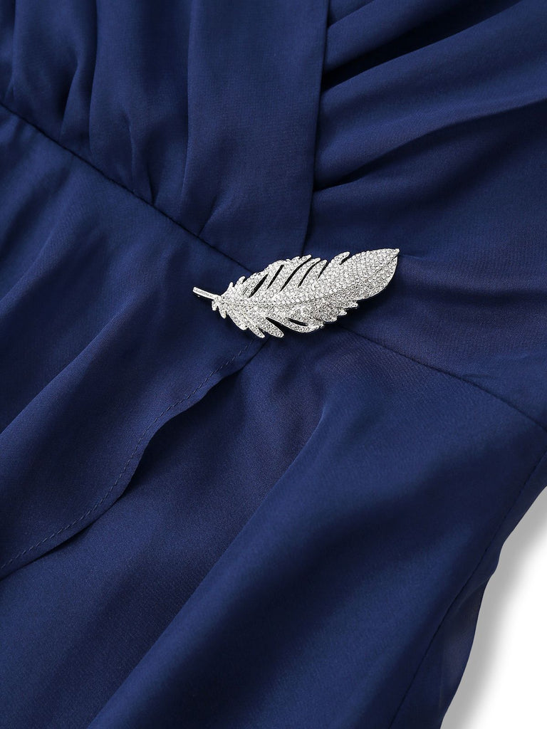 [Vorverkauf] [Übergröße] Marineblau 1940s Brosche Chiffon Wickel Kleid