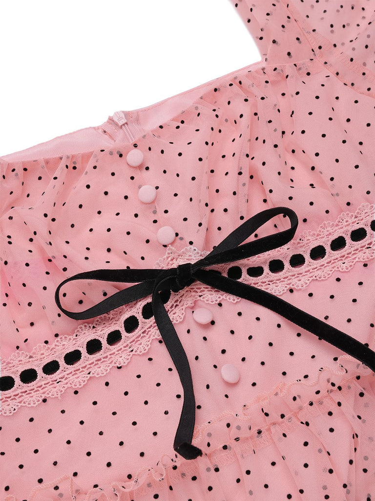 [Vorverkauf] Rosa 1950er Polka Dot Rüschen Netz Kleid