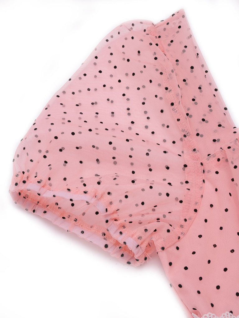 [Vorverkauf] Rosa 1950er Polka Dot Rüschen Netz Kleid